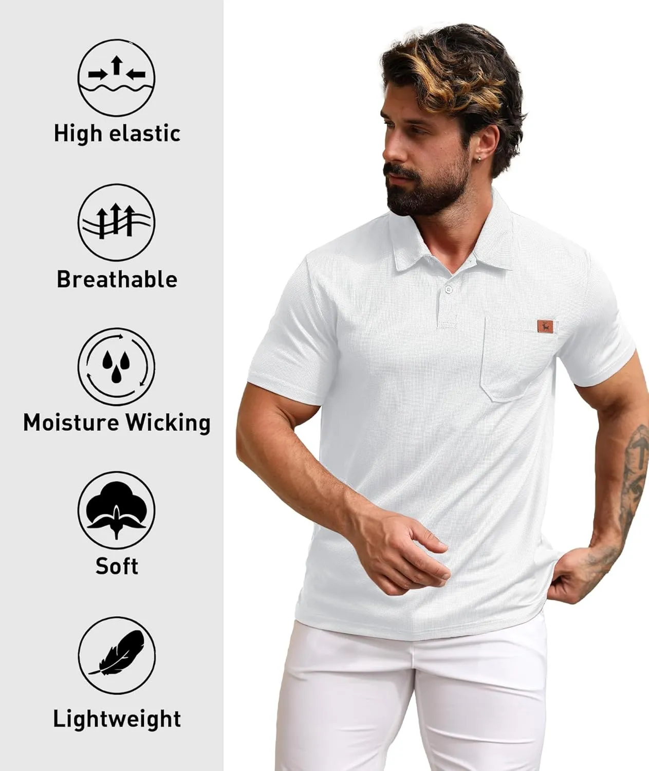 ZITY Mens Waffle Polo Shirts Casual Short Sleeve Texture Polo for Men Moisture Wicking Collared T-Shirt with Pocket