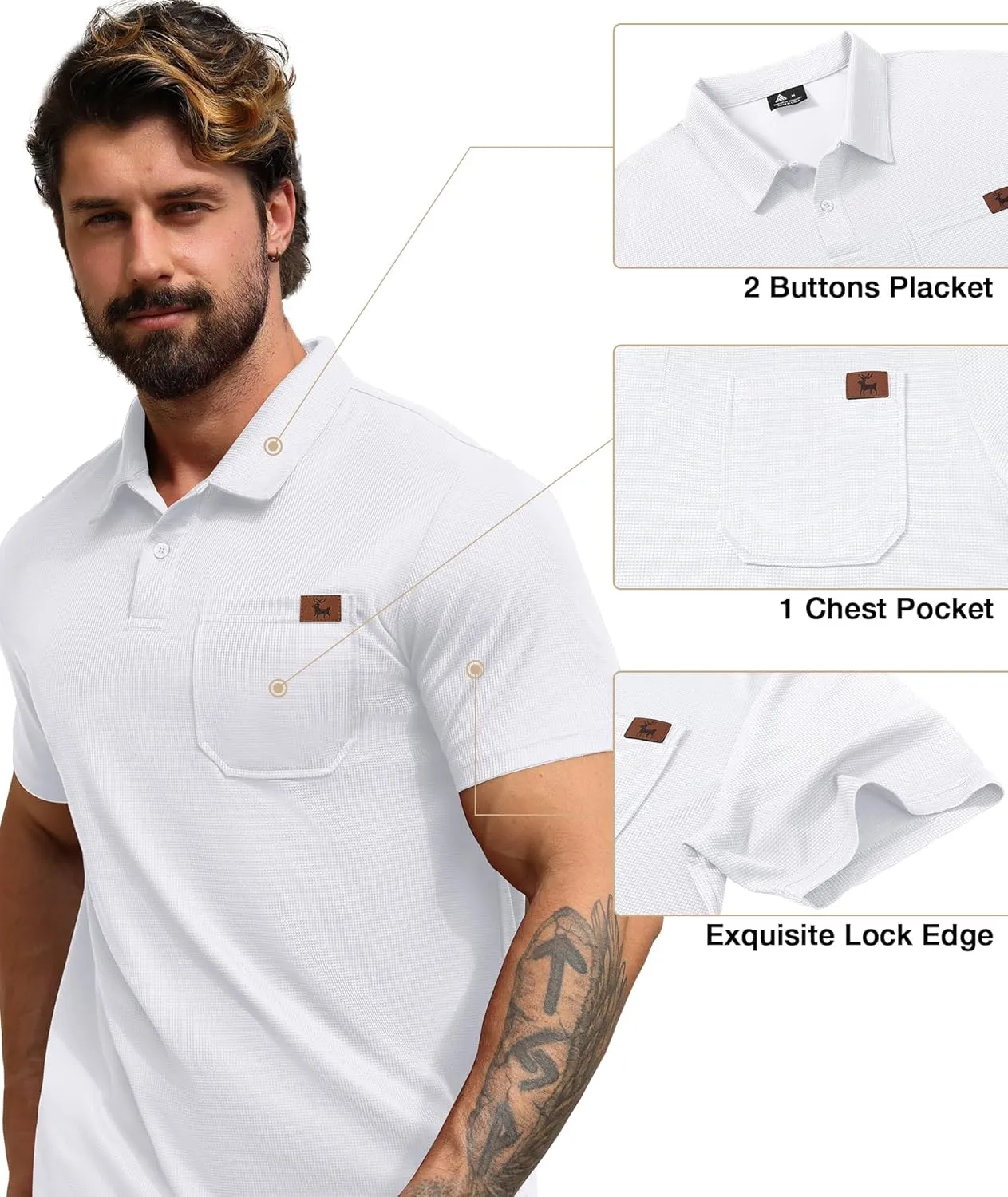 ZITY Mens Waffle Polo Shirts Casual Short Sleeve Texture Polo for Men Moisture Wicking Collared T-Shirt with Pocket